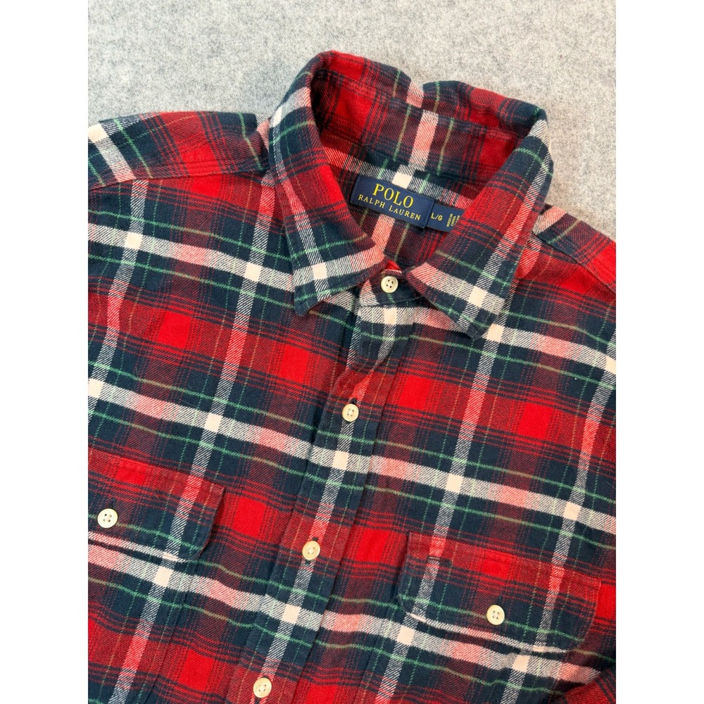 Polo Ralph Lauren Mens Flannel Shirt Large Red Plaid Cotton Button Down Pockets